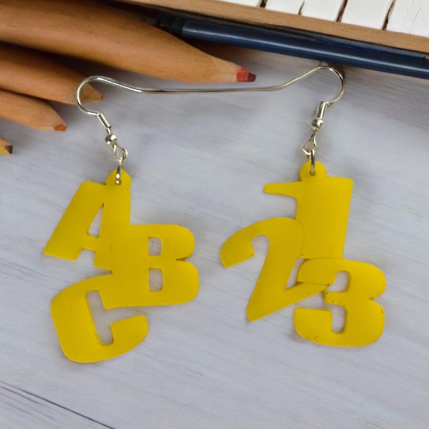 ABC 123 Yellow Acrylic Dangle Earring