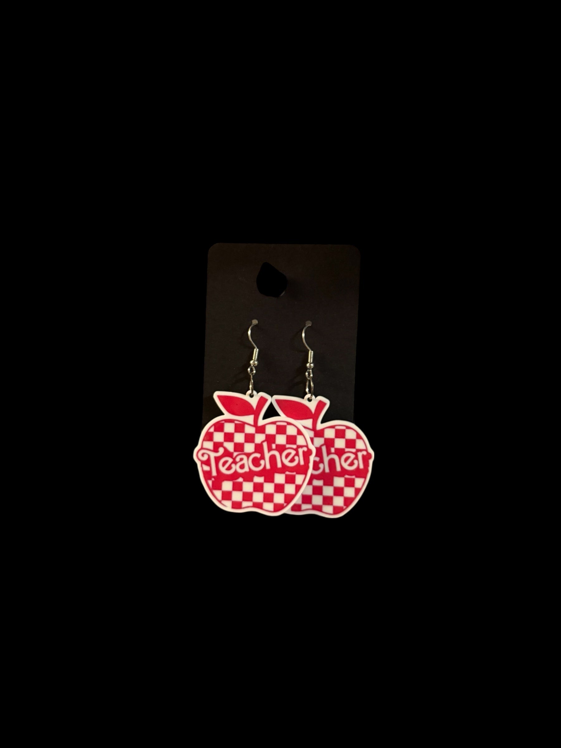 Checkered Apple Pink Teacher Earrings