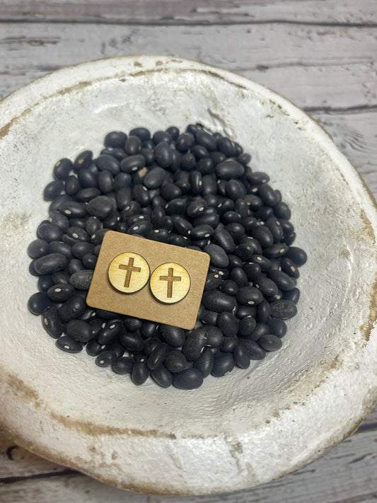 Round Cross Wooden Earring